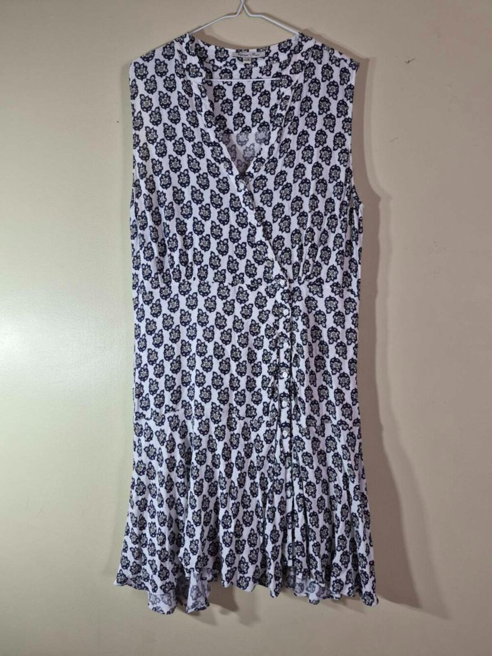 Spencer + Shaw Vintage Style Blue & White Floral Faux Wrap Midi Dress XL Cotton